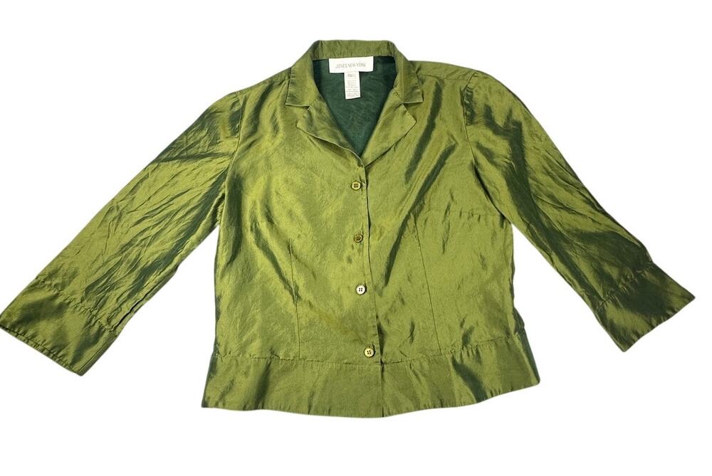 Jones New York Silk Button Shirt Olive Green Shantung Tailored